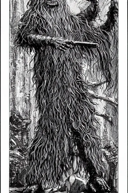 Image similar to a wookie as a D&D monster, pen-and-ink illustration, etching, by Russ Nicholson, DAvid A Trampier, larry elmore, 1981, HQ scan, intricate details, high contrast