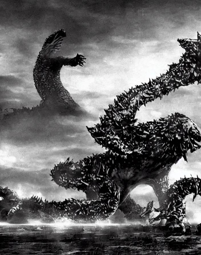 Image similar to a filmstill of a north korean monster movie, kaiju - eiga monster with starfish - arms trampling a traditional korean palace, foggy, film noir, epic battle, etheral, explosions, communist propaganda, communist epic thriller, by kim jong - il and akira kurosawa and tim burton, video compression