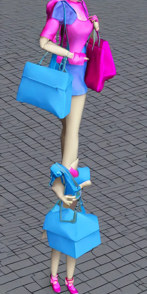 Image similar to 3d glitched malice blue doll carrying a pink fashion bag in a street city psx rendered early 90s net art n64