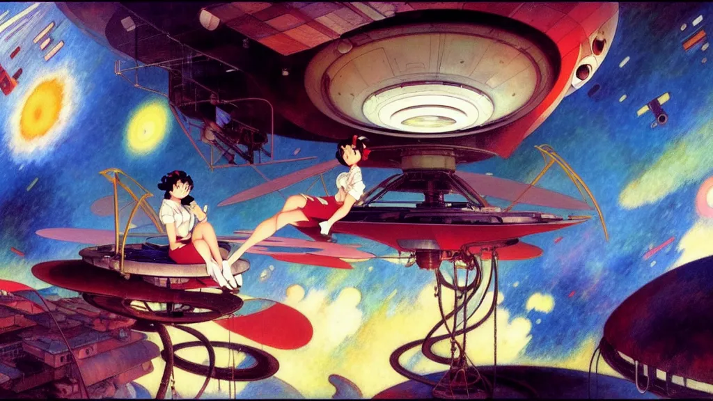 Image similar to a film still of a 1 9 5 0's mechanic anime girl sitting on top of flying ufo landing in hangar of giant ufo spaceship, kandinsky, trending on pixiv fanbox, painted by gaston bussiere, makoto shinkai, akihiko yoshida, gaston bussiere, craig mullins