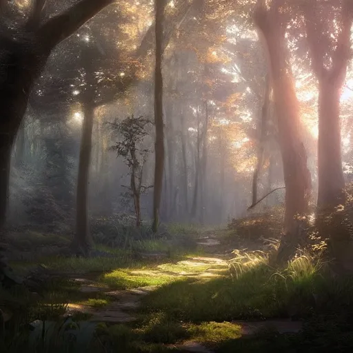 Image similar to A beautiful painting of a magical forest, ray traced sun light, by greg rutkowski and Kalin Popov , Trending on artstation HD.