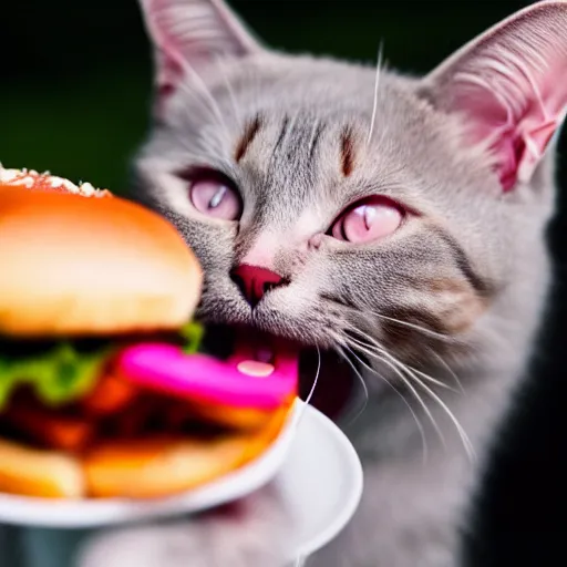 Prompt: photo of a pink cat eating a hamburger