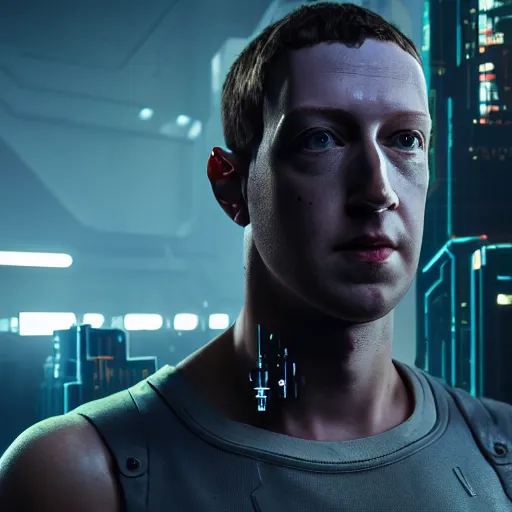 Image similar to front view, imposing, ominous portrait of cyborg Mark Zuckerberg as a cyberpunk 2077 loading screen, symmetry, front view, intricate, studio, art by anthony macbain + greg rutkowski + alphonse mucha, concept art, 4k, sharp focus