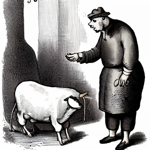 Image similar to butcher giving food to a cat, while being watched by a pig, a sheep, a chicken and a cow