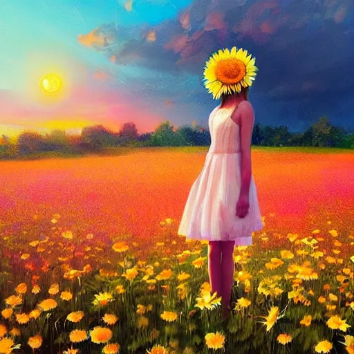 Prompt: face made of giant daisies, girl standing barefoot in a flower field, holding flowers, surreal photography, sunrise dramatic light, impressionist painting, colorful clouds, large sky, digital painting, artstation, simon stalenhag, flower face
