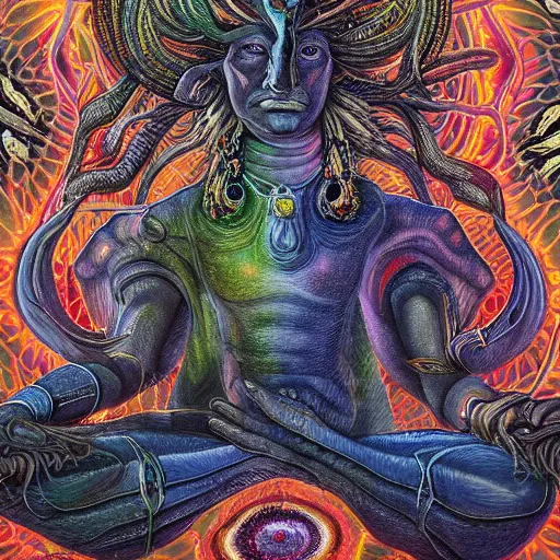 Image similar to a hyper-detailed painting with high details and textures of a psychedelic demon with dreadlocks horns and several eyes, he is in a meditation position and has an open third eye and mystical spiritual powers