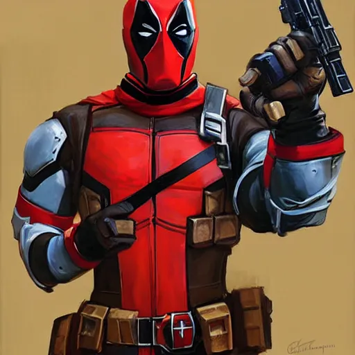 Image similar to greg manchess portrait painting of armored deadpool as overwatch character, medium shot, asymmetrical, profile picture, organic painting, sunny day, matte painting, bold shapes, hard edges, street art, trending on artstation, by huang guangjian and gil elvgren and sachin teng