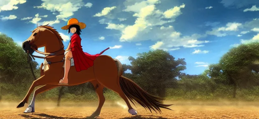 Image similar to “ luffy riding horse, side shot, 8 k resolution, high detailed ”