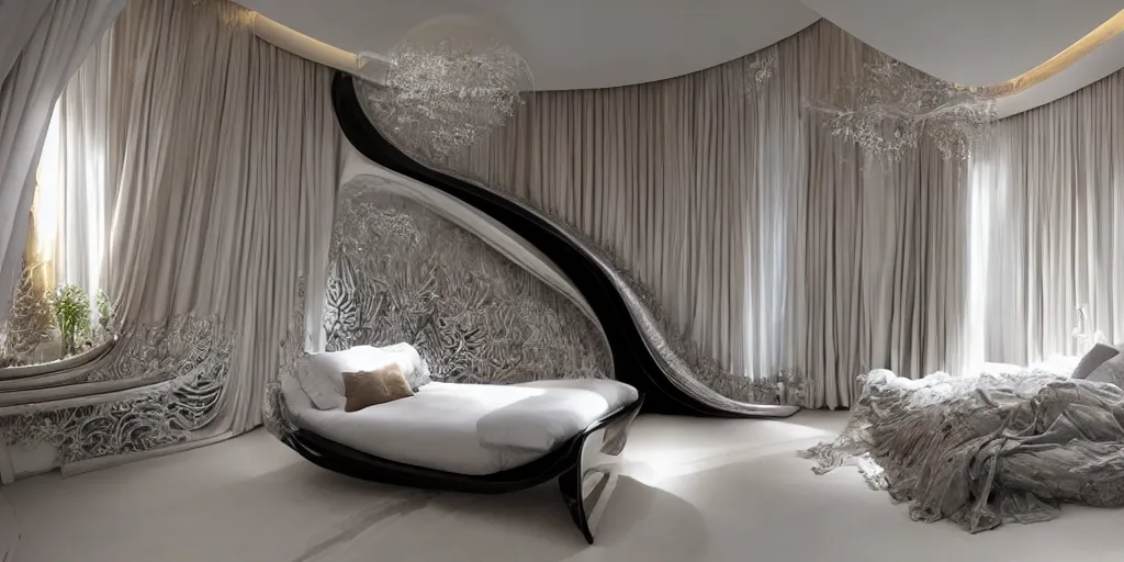 Image similar to a cozy bedroom decorated by Zaha Hadid, detailed, high resolution, wow!, intricate