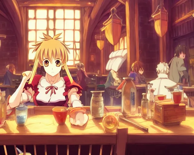 Image similar to anime visual, portrait of a young female traveler in a busy fantasy medieval tavern interior, cute face by yoh yoshinari, seven deadly sins anime, studio lighting, dynamic pose, dynamic perspective, strong silhouette, anime cels, cel shaded, slayers, in focus, rounded eyes