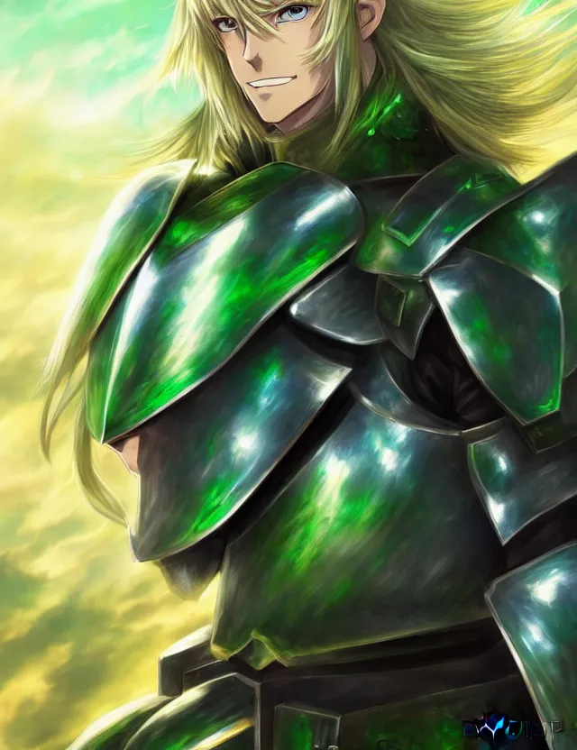 Image similar to an anime portrait of a long haired blonde man with blue eyes in green plate armour glowing with green energy, trending on artstation, digital art, 4 k resolution, detailed, high quality, sharp focus, hq artwork, coherent, insane detail