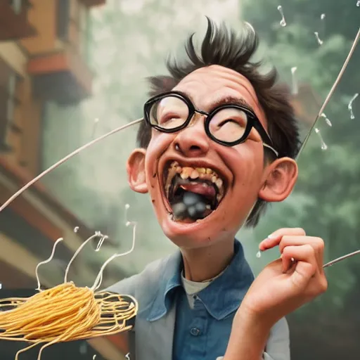 Image similar to a mad scientist in a back yard laughing happily at the spaghetti bowls which are falling from the sky , made by Stanley Artgerm Lau, WLOP, Rossdraws, ArtStation, CGSociety, concept art, cgsociety, octane render, trending on artstation, artstationHD, artstationHQ, unreal engine, 4k, 8k,