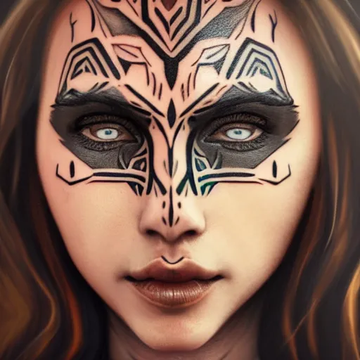 Image similar to A close up of a woman's face with tribal tattoos and piercings, sharp focus, highly detailed, digital painting, artstation, portrait, by Barret Frymire. By Jeszika Le Vye and Dang My Linh