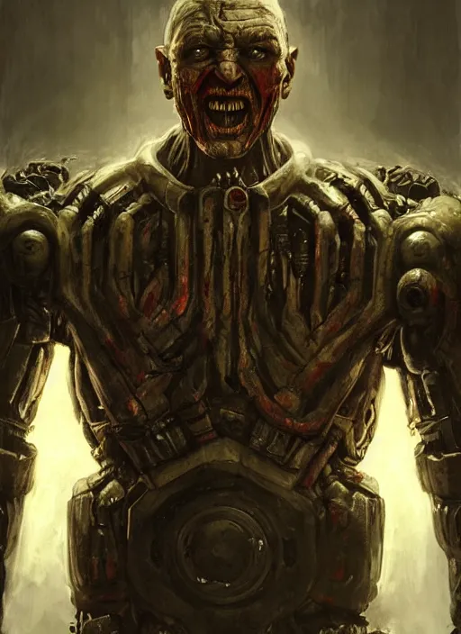 Image similar to robert englund as victor stone, full body concept, cyborg, borg, strogg, face of a man, terminator, flesh, quake strogg, doom demon, wolfenstein, monstrous, powerful, symmetry, symmetrical, concept art by ruan jia and greg rutkowski