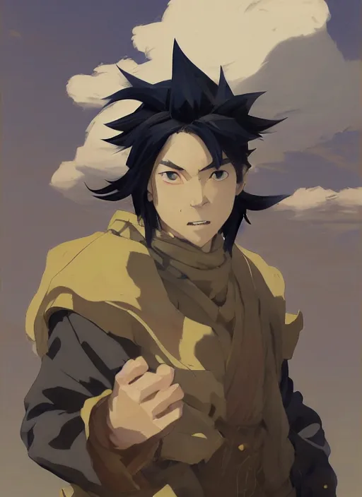 Prompt: portrait of Tanjiro Kamado from Demon Slayer Anime, countryside, calm, fantasy character portrait, dynamic pose, above view, sunny day, thunder clouds in the sky, artwork by Jeremy Lipkin and Giuseppe Dangelico Pino and Michael Garmash and Rob Rey, very coherent asymmetrical artwork, sharp edges, perfect face, simple form, 100mm