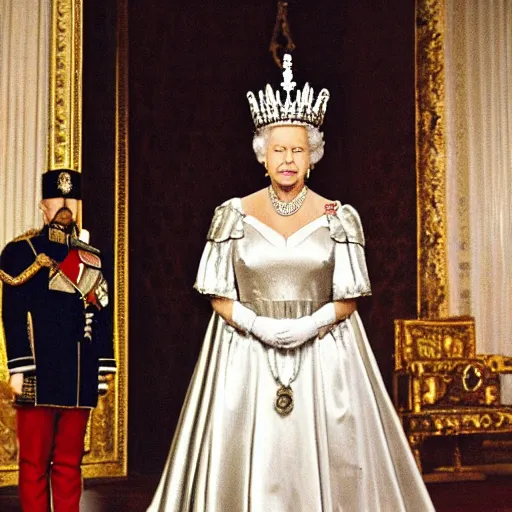 Prompt: queen Elizabeth II wearing a Masonic apron