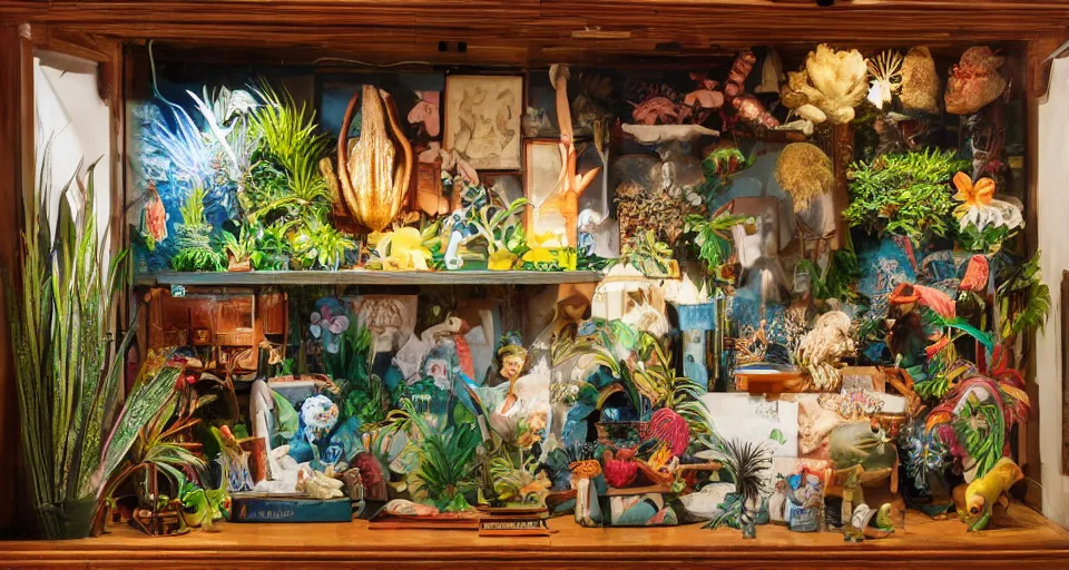 Image similar to A cabinet of wonder with a tropical collection of objects, 8K, realistic picture, exhibition catalogue, landscape, artificial, neon white illumination
