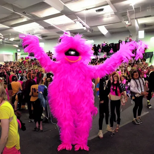 Prompt: hot pink feather boa muppet at furry convention, with furries in the background