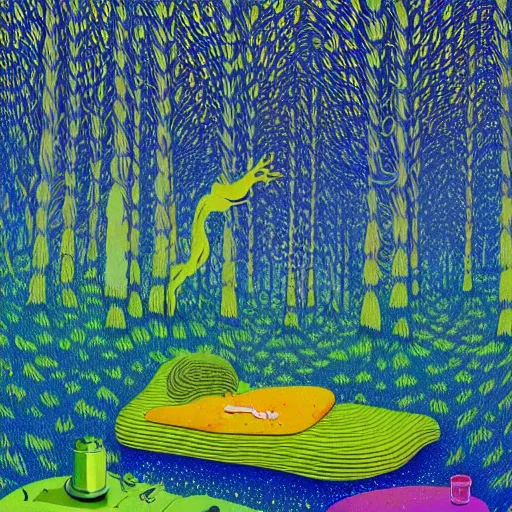 Image similar to psychedelic couch sofa in the pine forest, goose, milky way, designed by moebius, rob gonsalves, gustav dore, giuseppe arcimboldo and carl barks, louis wain, trending on artstation, star, sharp focus, colorful refracted sparkles and lines, soft light, 8 k 4 k