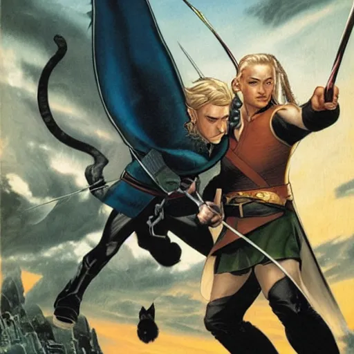 Prompt: comic book cover for'legolas vs a kitten ', art by alex ross