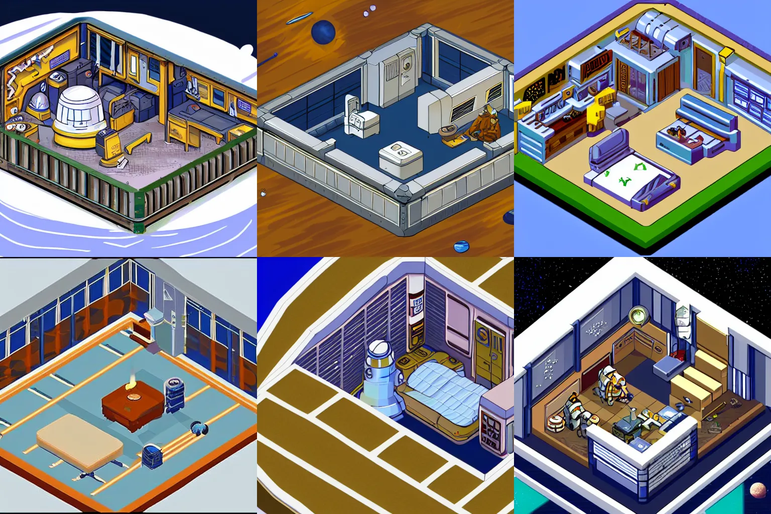 Prompt: isometric view of an officer\'s living quarters on a space station, from a space themed Lucasarts graphic adventure game made in 1999