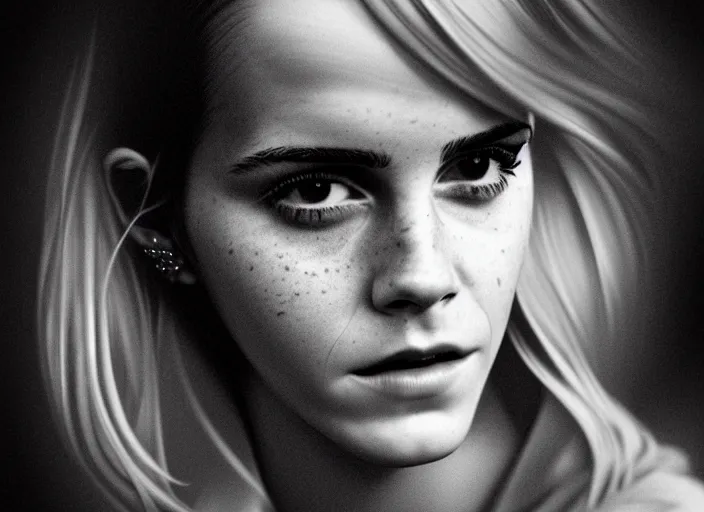 Image similar to mid shot portrait of emma watson in factory, in the style of david bailey, high fashion, id magazine, vogue magazine, surprising, freak show, realistic, sharp focus, 8 k high definition, film photography, photo realistic, insanely detailed, intricate, by david kostic and stanley lau and artgerm