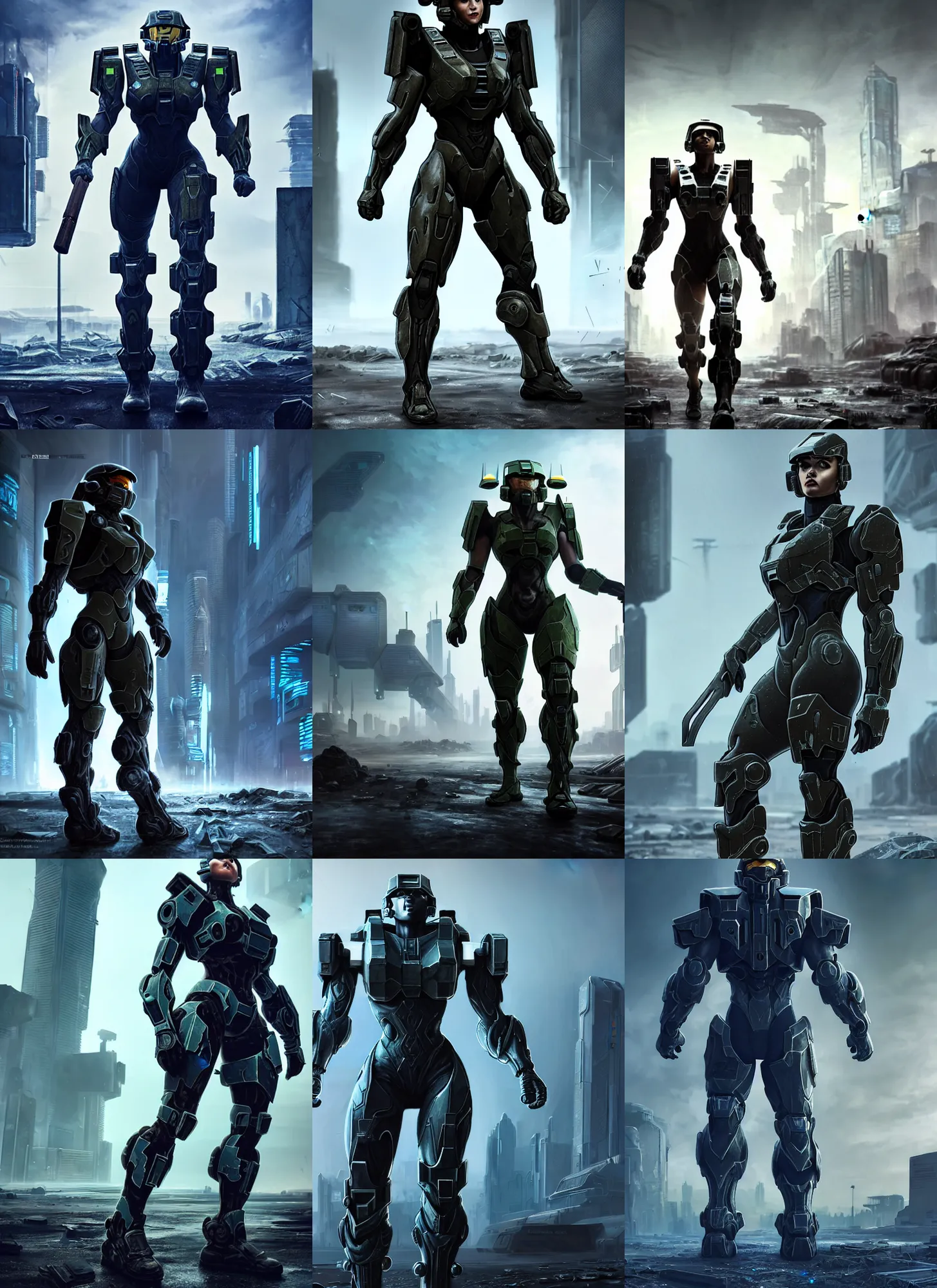 Prompt: a body builder in walking across a cyberpunk wasteland, mjolnir mk 6 armor from halo infinite, attractive female face, enhance face, symmetrical face details, ultra realistic, very highly detailed, 8K, Digital painting, concept art, illustration, rule of thirds, sharp focus, facing camera, centered, good value control, realistic shading
