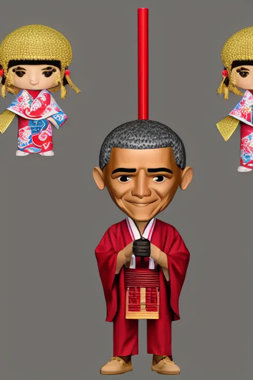 Image similar to full body 3d render of barack obama as an chibi figurine wearing a beautiful kimono, shinto shrine, blender, trending on artstation, 8k, highly detailed, bokeh, depth of field