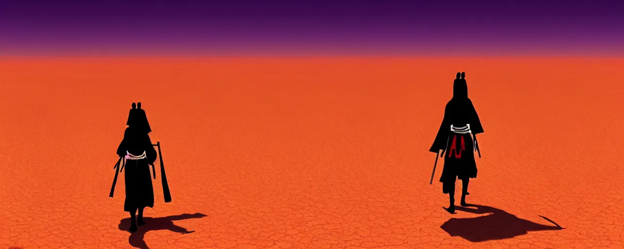 Prompt: vast desert with a lone female samurai walking in the foreground, anime, hd, hdr, 4 k, 8 k