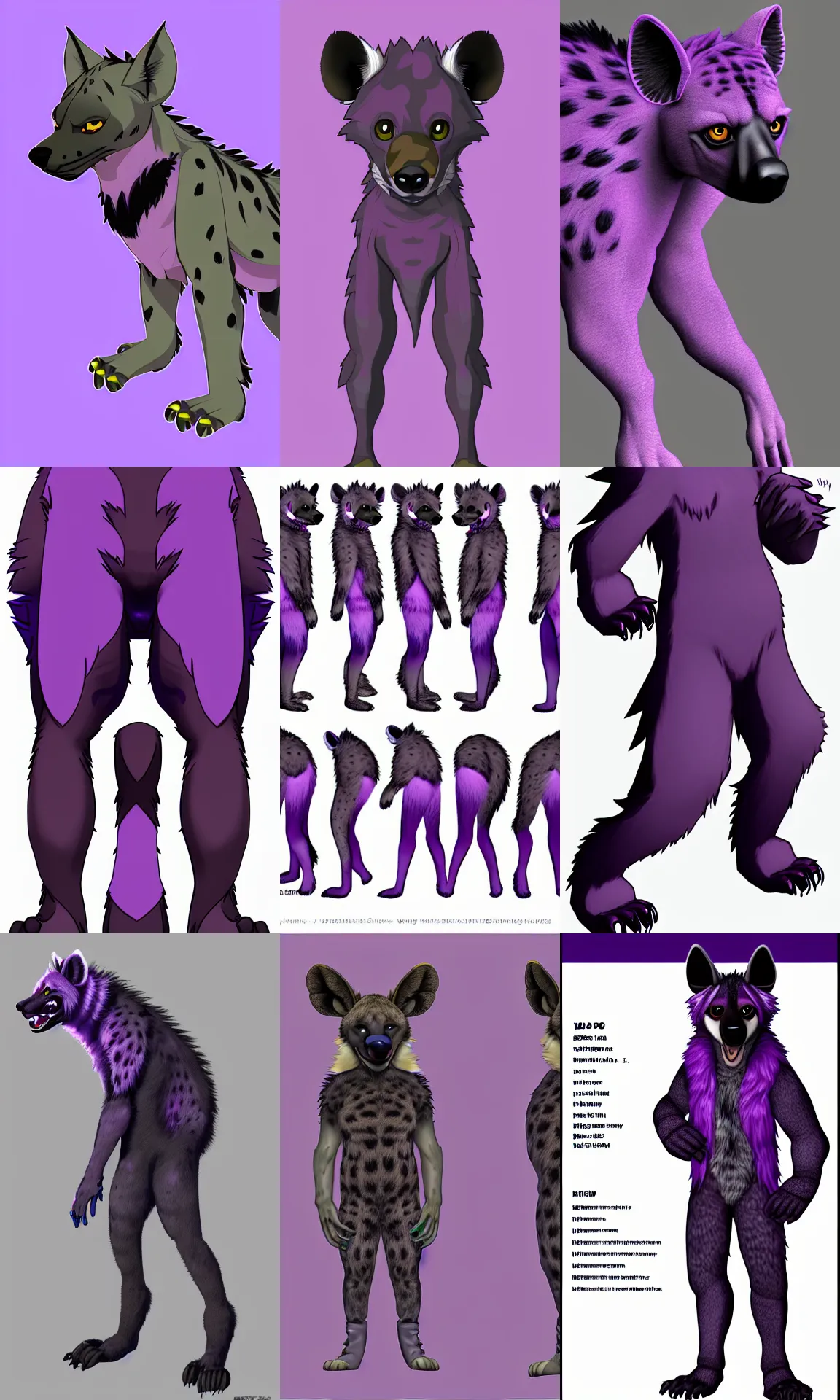 Image similar to a full - body front - perspective furry reference sheet, a male hyena fursona, purple and black color scheme, trending on weasyl, high - resolution, photorealistic