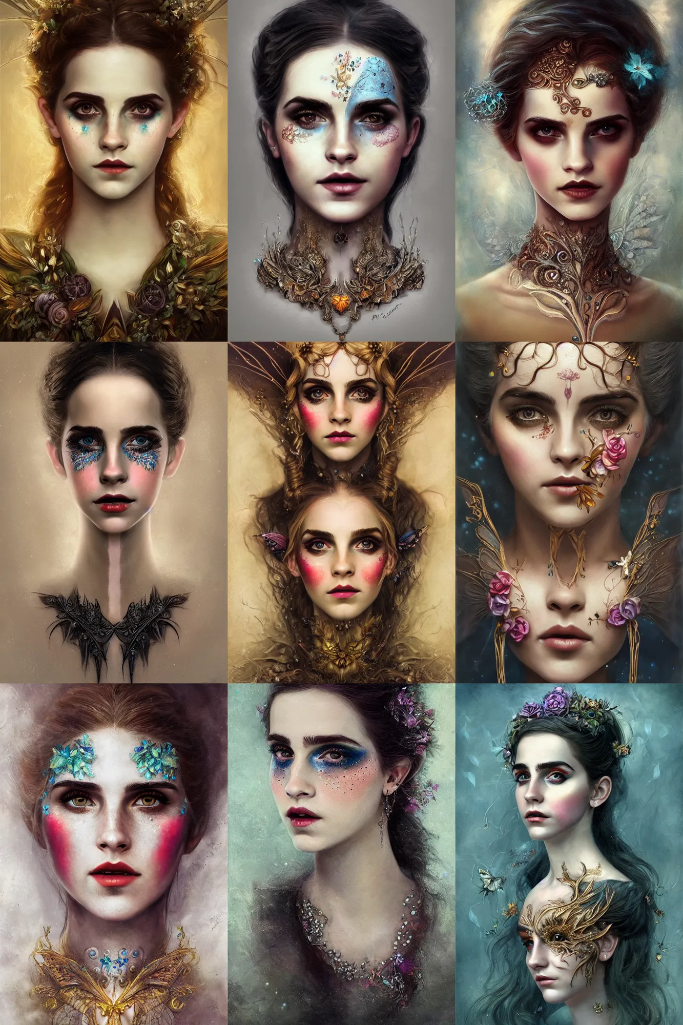 Prompt: portrait of a fairy with her mouth open, symmetric, facepaint facepaint facepaint, intricate jewelry, trending on artstation 4 k, in the style of karol bak and tom bagshaw, bust with face of emma watson