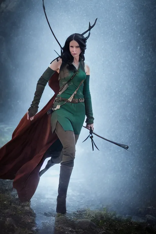 Image similar to Laura Bailey as Vex'ahlia from Vox Machina, Half-elf Ranger, realistic cinematic shot, swirling nature magic, subtle fog and mood lighting