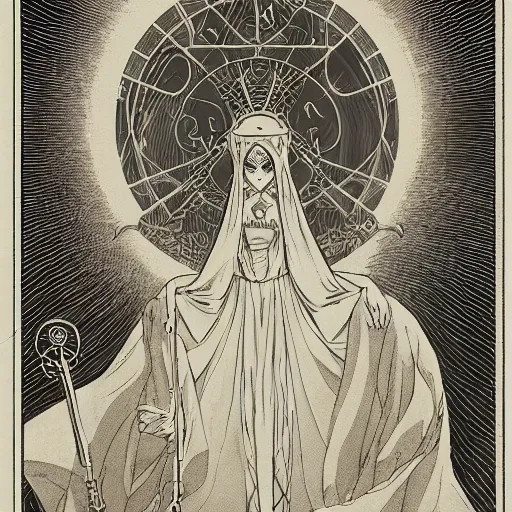 Prompt: precisely drawn illustration of anime hooded high priestess of an earth goddess, old-fashioned tarot card, victorian playing card, sepia tone, wide angle, sharp, fine details, anime, manga, cyberpunk, intense line art, 8k, precise linework, realistic, shaded lighting by katsuhiro otomo ghost-in-the-shell, magali villeneuve, artgerm, rutkowski Jeremy Lipkin and Giuseppe Dangelico Pino and Michael Garmash and Rob Rey