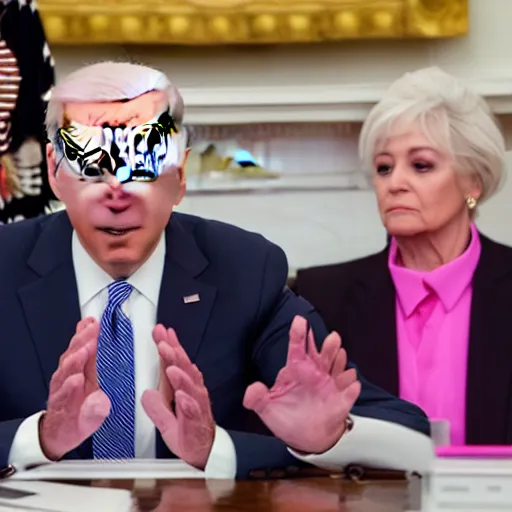 Image similar to president biden wearing a pink bikini, realistic, 8 k, ultra details, highly detailed face, sharp focus