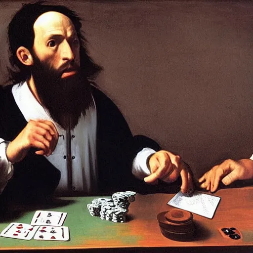 Prompt: Bearded man in a suit playing poker, Caravaggio style