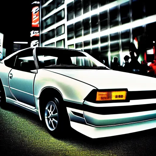 Prompt: a car Toyota Celica at carshow, Shibuya prefecture, city sunset, cinematic color, photorealistic, highly detailed