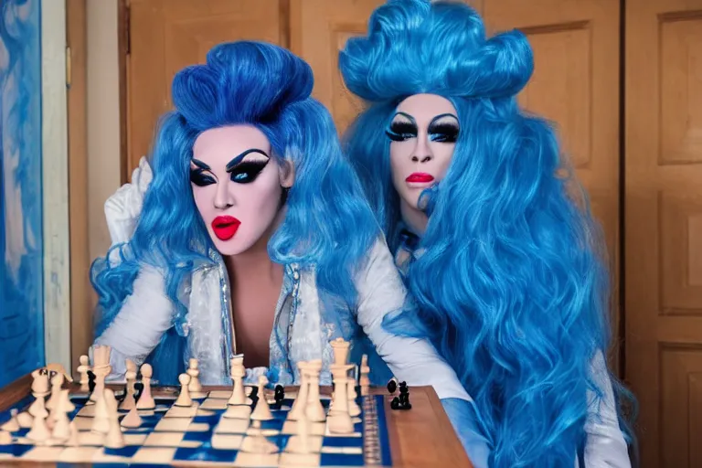 Image similar to blue hair drag queen playing chess, netflix show poster