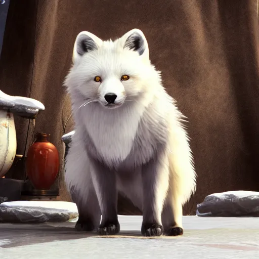 Image similar to Playstation 4 screenshot depicting an anthropomorphic arctic fox furry up as a character in Final Fantasy, octane render