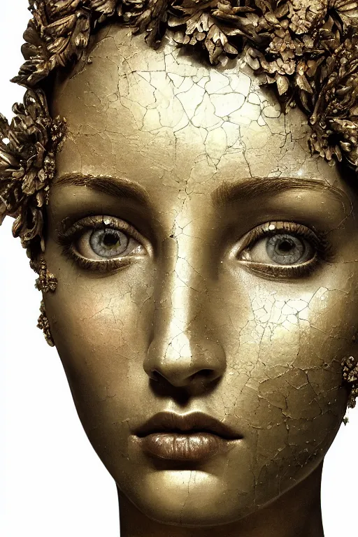 Prompt: hyperrealism close - up mythological portrait of a beautiful medieval woman's shattered face partially made of bronze color flowers in style of classicism using the fibonacci golden ratio, pale skin, wearing ivory colour dress, dark and dull palette