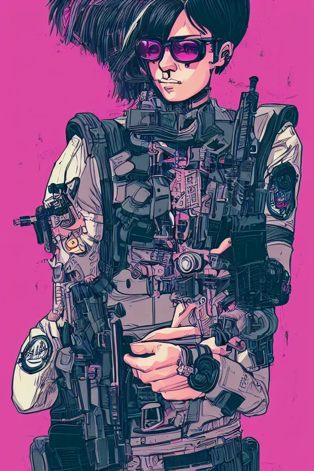 Image similar to very detailed, ilya kuvshinov, mcbess, rutkowski, illustration of a cyberpunk military woman, colorful, cinematic composition, studio lighting