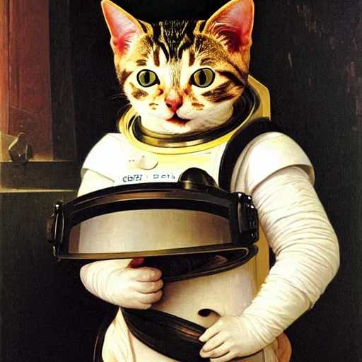 Image similar to portrait of a cat astronaut with armor and helmet, by bouguereau