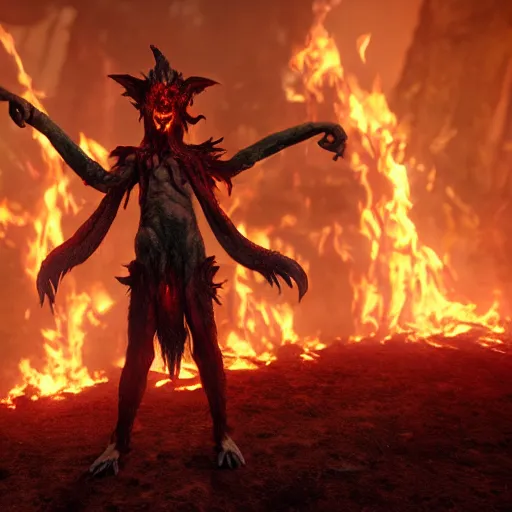 Image similar to a frightening, enraged elf with violet skin reflecting a fiery scene, a scarred face, a bob haircut, and bushy eyebrows, grinning, with hell aflame behind them, in the style of gary frank and rafael albuqurque, rendered in unreal engine