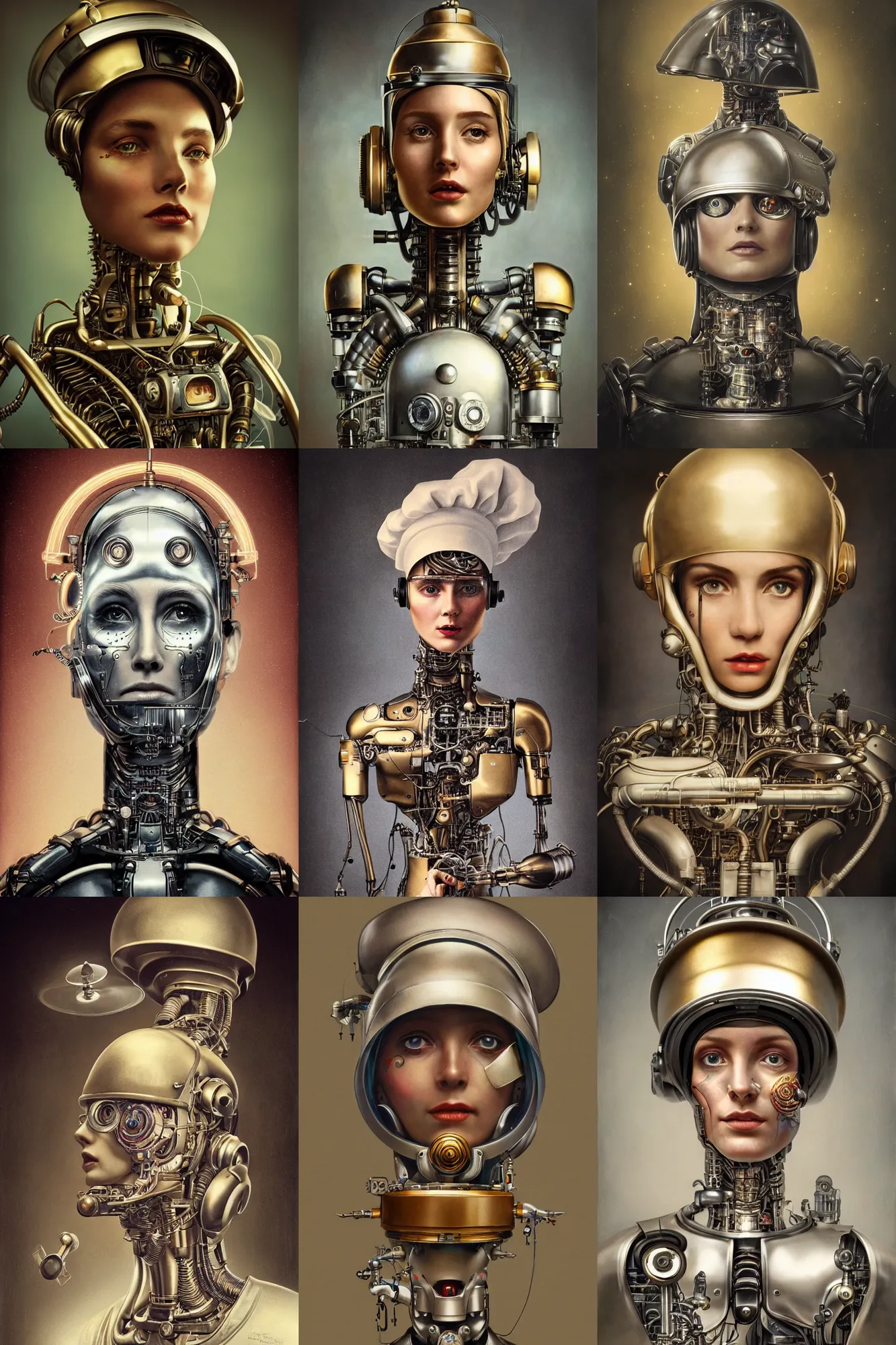 Prompt: a beautiful ultradetailed vintage photo of a futuristic cybernetic cyborg chef wearing a chef's hat, by tom bagshaw and anna dittman, portrait, 2 4 mm lens, golden ratio composition, detailed face, studio photography, very detailed, humanoids, industrial robots, artstation, 8 k, highly coherent