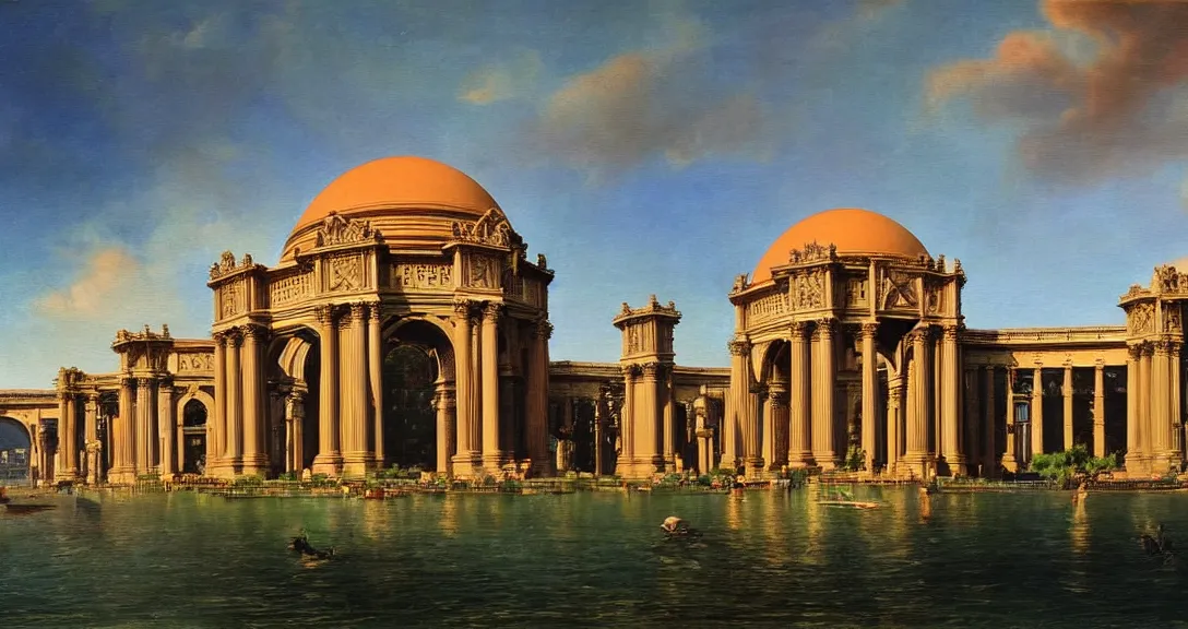 Image similar to the san francisco palace of fine arts during the intergalactic futuristic fair, romantic era painting, majestic