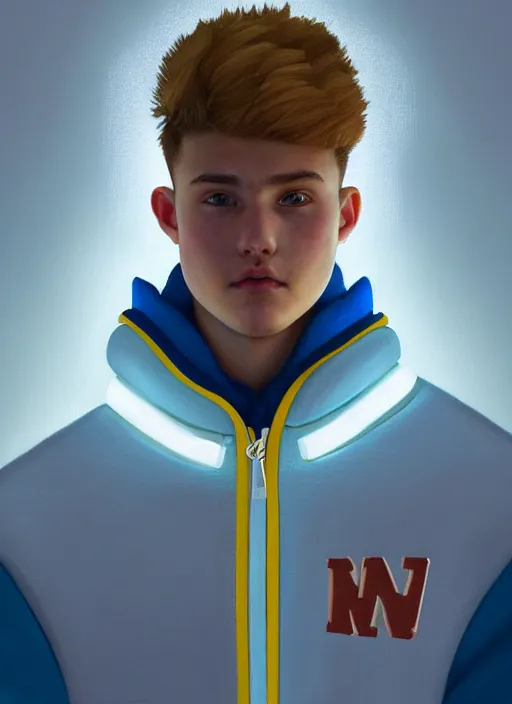 Image similar to portrait of high school senior boy named big moose, blonde short hair, jock, beefy, wide face, square jaw, square facial structure, blue varsity jacket with letter r, intricate, elegant, glowing lights, highly detailed, digital painting, artstation, concept art, sharp focus, illustration, art by wlop, mars ravelo and greg rutkowski