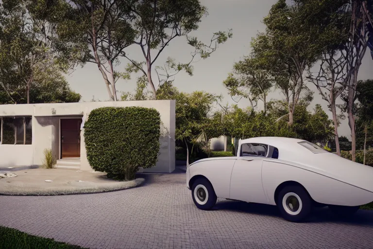 Image similar to a house in the 1950's future house, retrofuturim, lawn, trees, white picket fence, futuristic car parked on the driveway, realistc octane render, depth of field, soft lighting, 8k