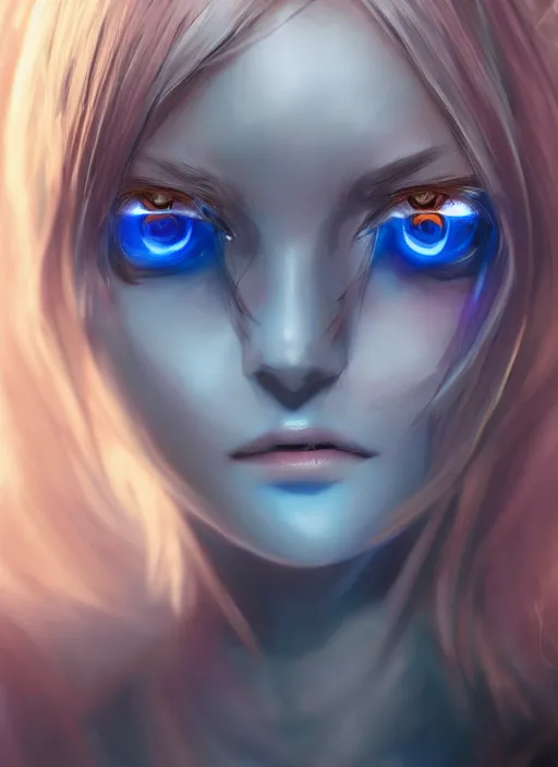 Prompt: covid - 1 9 as girl, humanization, anime, beautiful, pretty face, blue cyborg eyes, innocent, scifi, 4 k, sun yunjoo, ultra realistic, aura of light, cinematic lighting, highly detailed, sharp focus, artstation, masterpiece, art by hyungjin yang