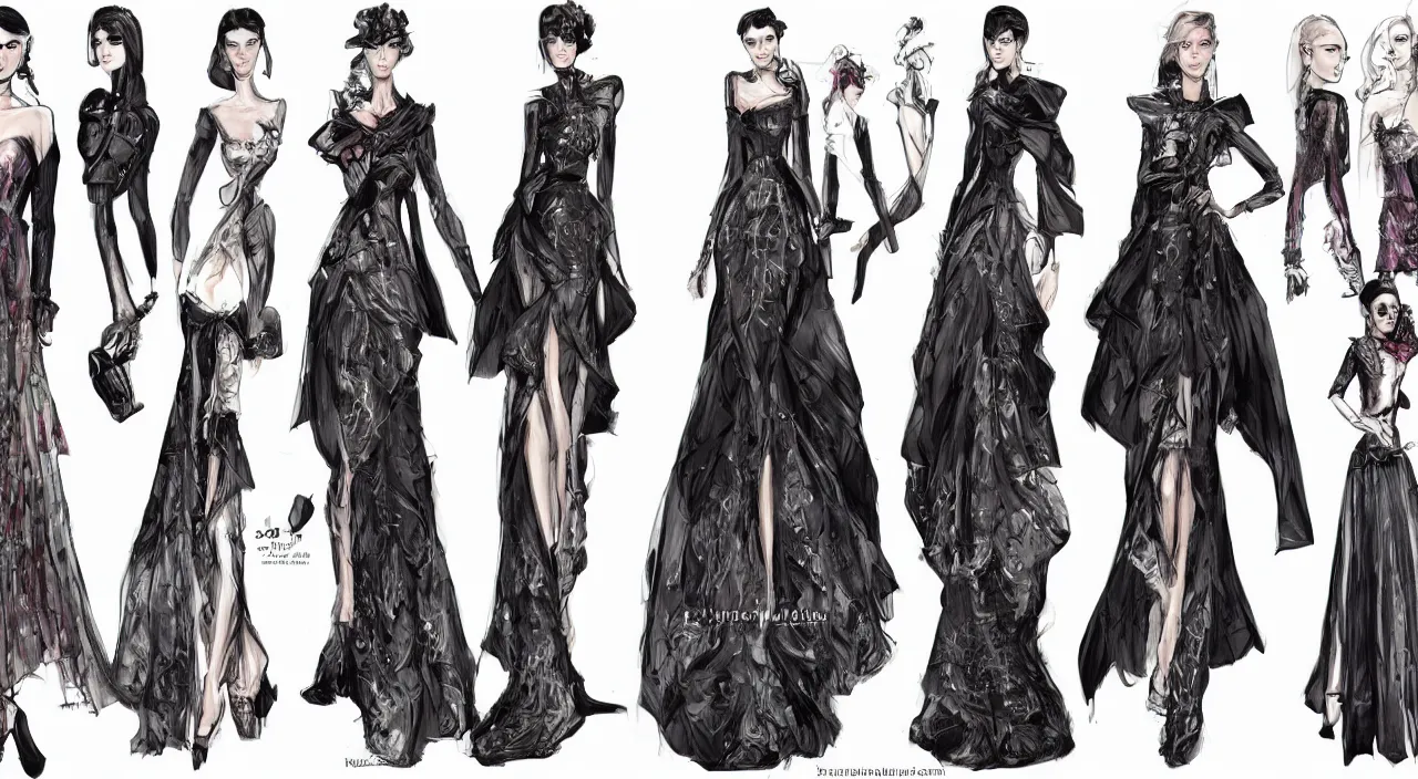 Image similar to fashion, high fashion, haute couture, dior, game, characters reference sheet, high quality, ultra detailed