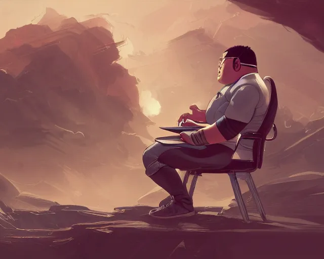 Image similar to an insanely detailed painting of a slightly chubby, nerdy asian man wearing a superhero costume, sitting at a desk, staring at the nervously at the computer and typing, in the style of peter mohrbacher, dramatic lighting and composition, octane render, pixar, trending on artstation, concept art, comic book, view from behind