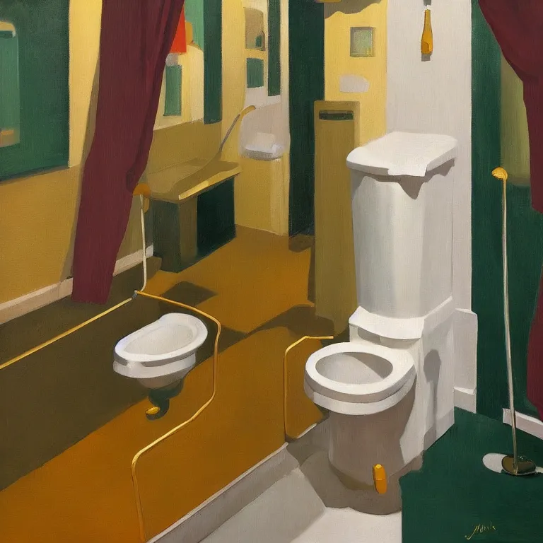 Image similar to gold urinal as art, golf club, painted by Edward Hopper, painted by James Gilleard, airbrush